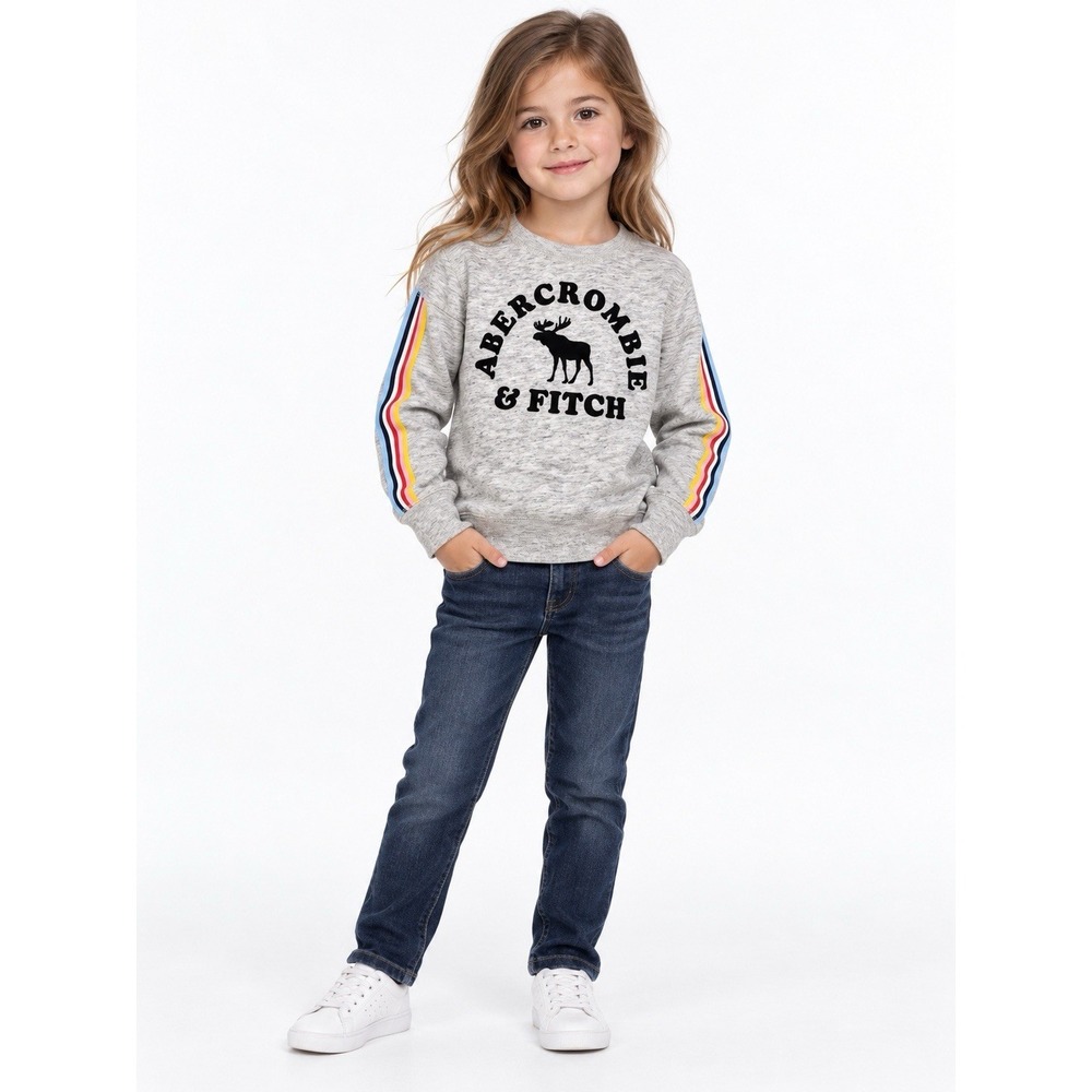 Abercrombie Kids Girls 5/6 Gray Moose Logo Rainbow Stripe Sweatshirt